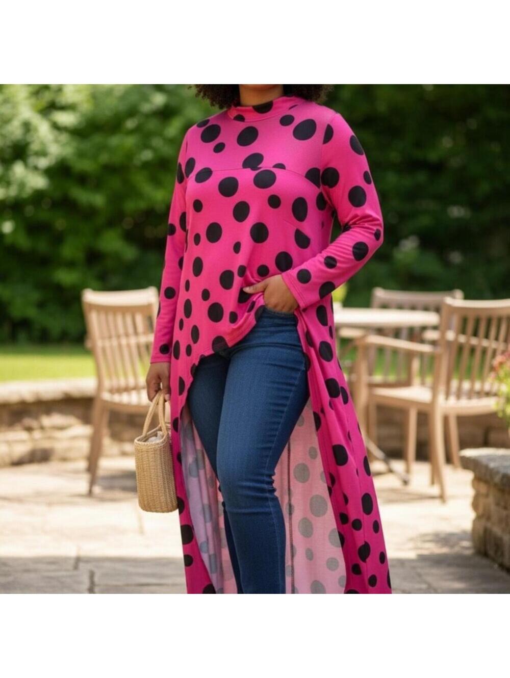 Ashley Stewart Vibrant Pink High-Low Shirt with Black Dots